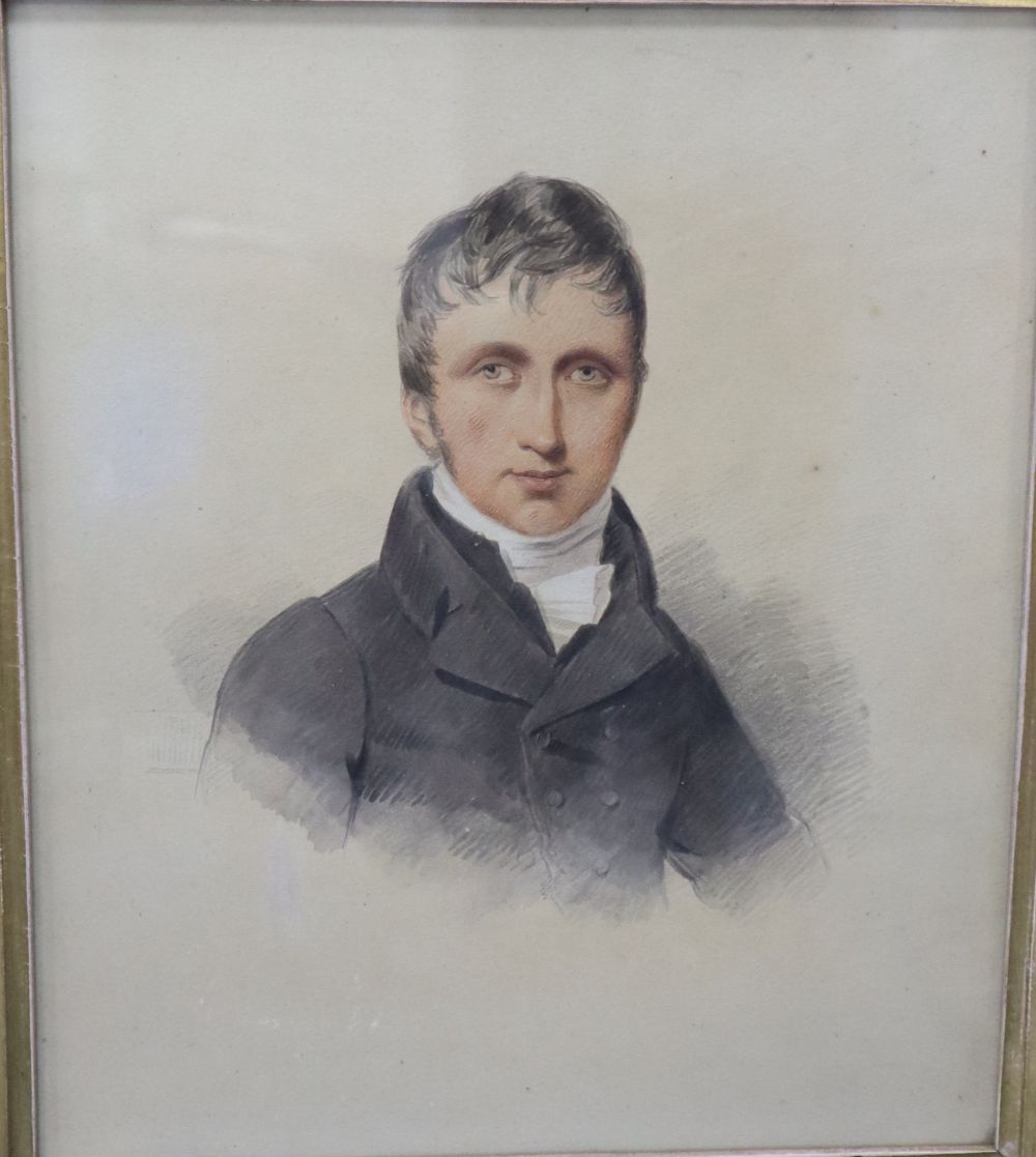 H.G. Moone, pencil and chalk, A stagecoach driver 1879, signed, 37 x 23cm and a maple framed watercolour of a young man, 29 x 24cm